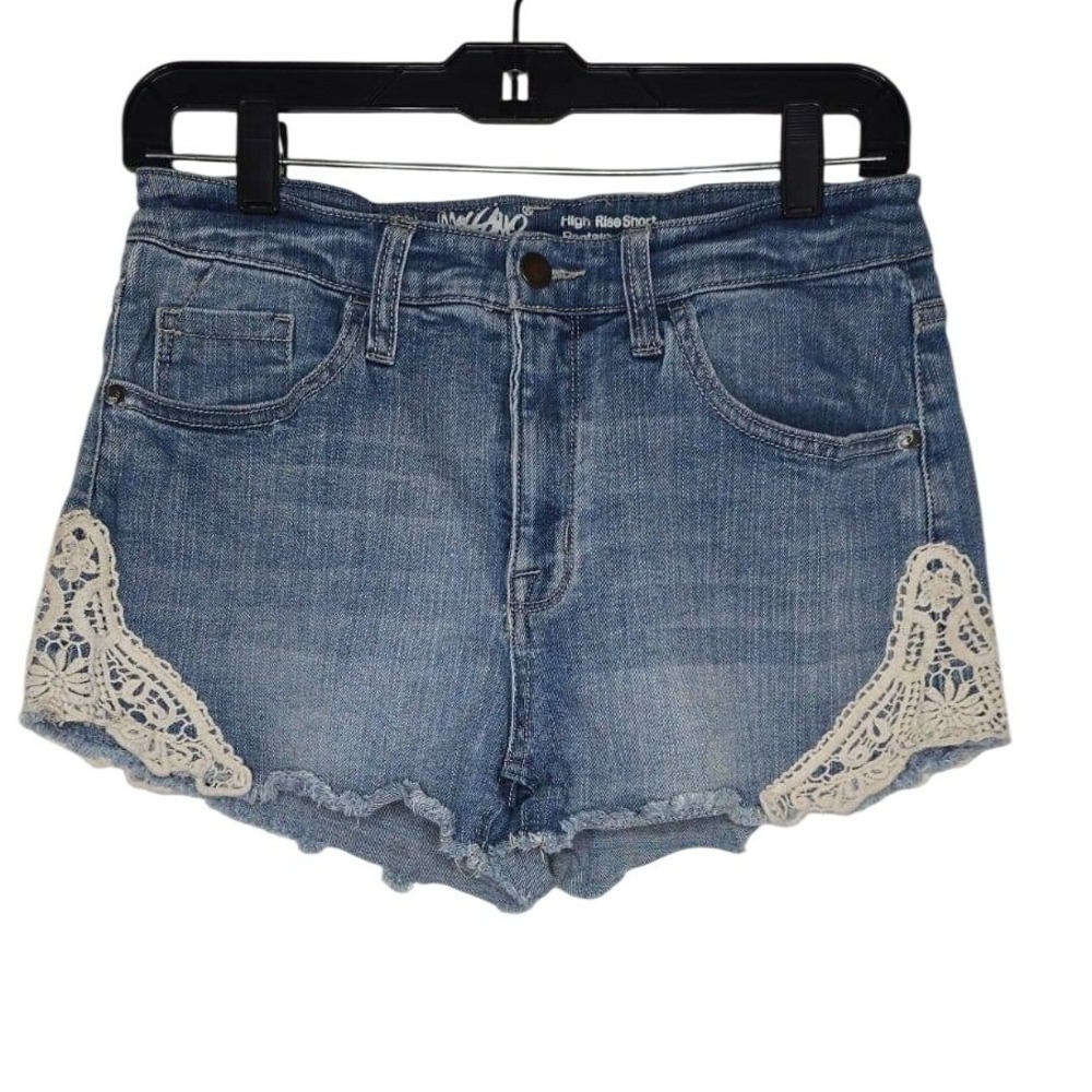 Mossimo Womens High‎ Rise Denim Shorts Medium Wash Crochet Lace Trim Boho Size 2